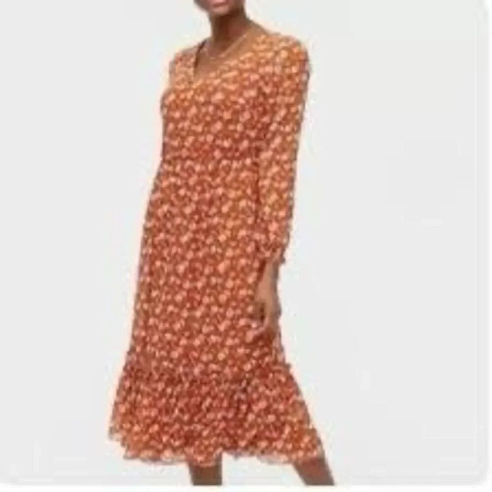 J. Crew Size XS Long Sleeve Peasant Maxi Dress Burnt Orange Cottagecore Prairie